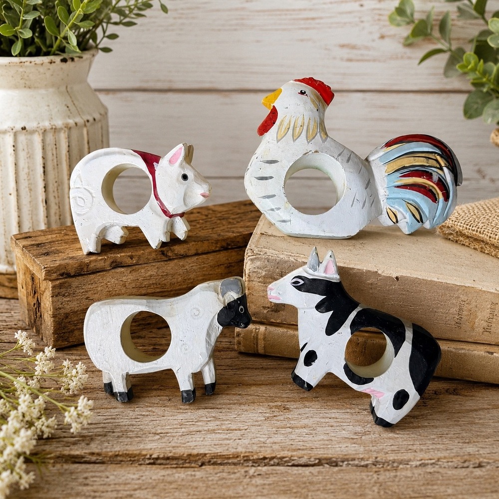 Vintage Farmhouse Hand Painted Wooden Napkin Ring Set of 4 Rooster Cow Pig Sheep